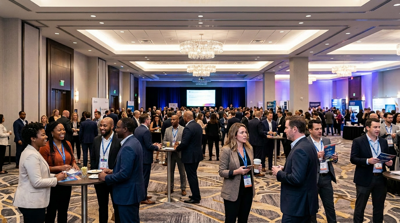 Business professionals networking and conversing at a conference reception